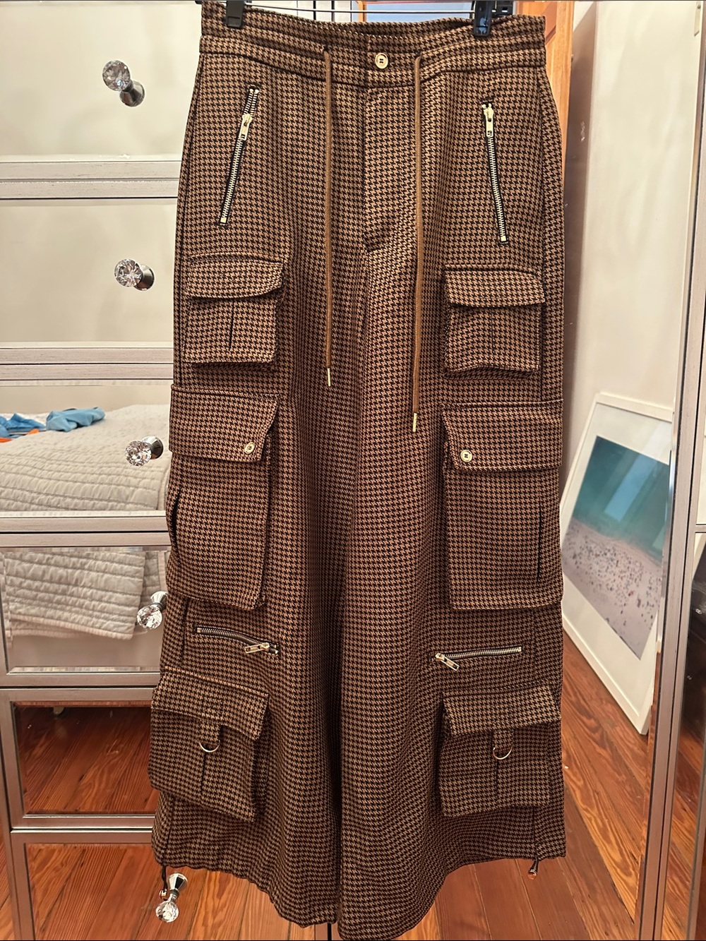 Cynthia Rowley Brown Houndstooth Wide-Leg Cargo Pants